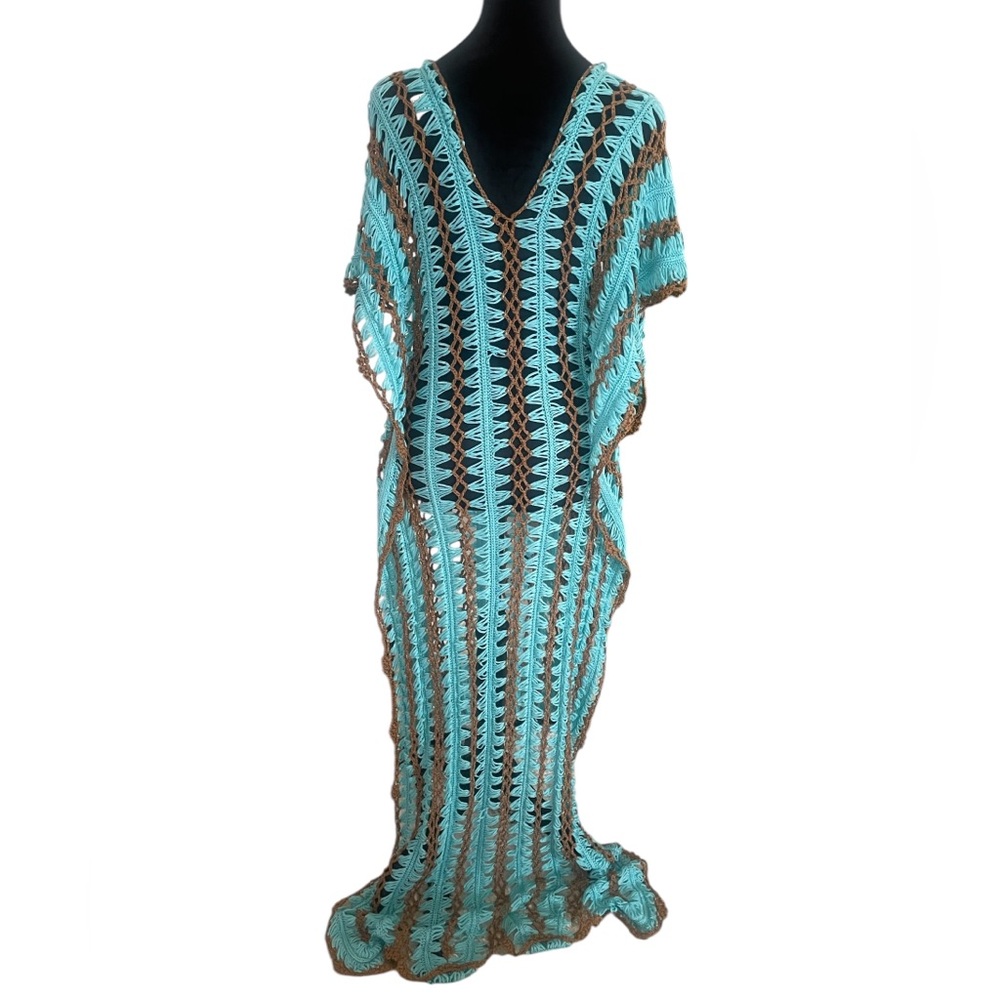 Crochet Tunic,coverup,Turquoise,brown dress,Bohemian,Swim,M/L,New - Picture 12 of 12